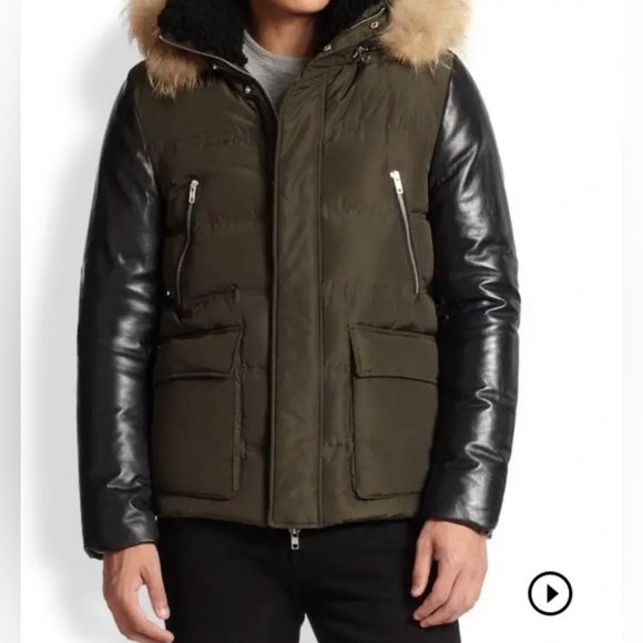 Mackage Gavin Army Green Down Coat with Leather Sleeves and Fur Hood - Picture 3 of 13